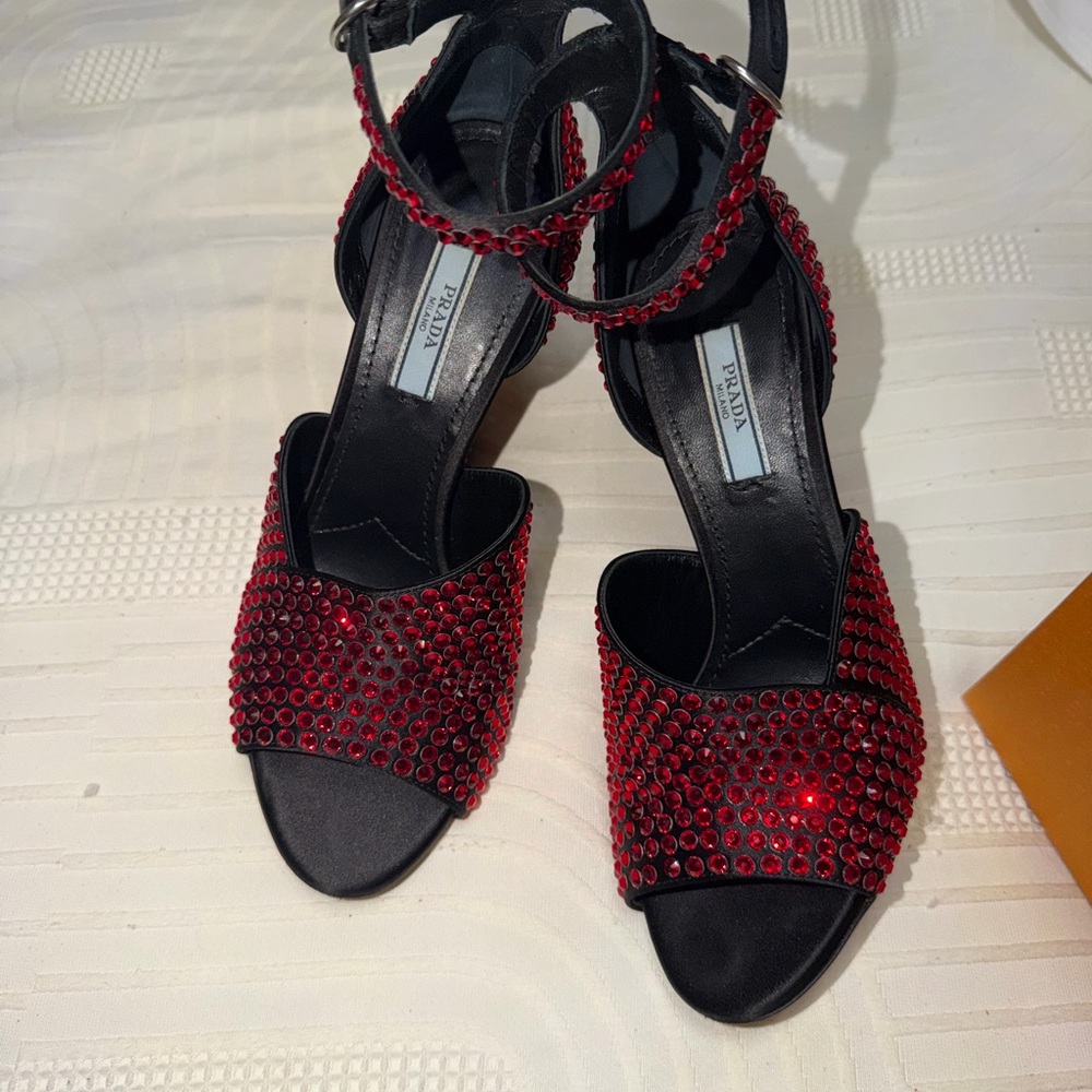 Prada Black Sandals with Red Crystal Embellishments